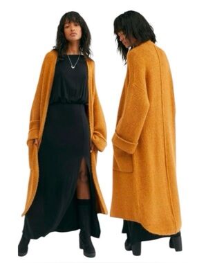 FREE PEOPLE Chestnut Camel Live In Tokyo Open Front Maxi Cardigan Sweater